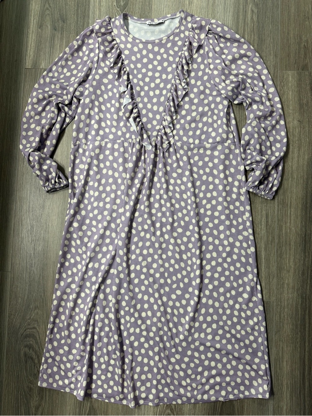 Zara  Polka Dot Ruffle Purple Midi Dress Size Small Cottagecore Cozy Boho